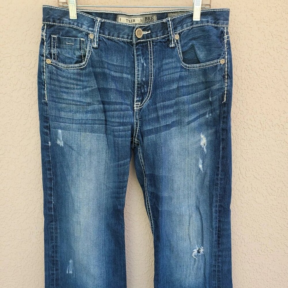 BKE Men's Tyler Dark Wash White Stitch Distressed Blue Jeans Size 34R